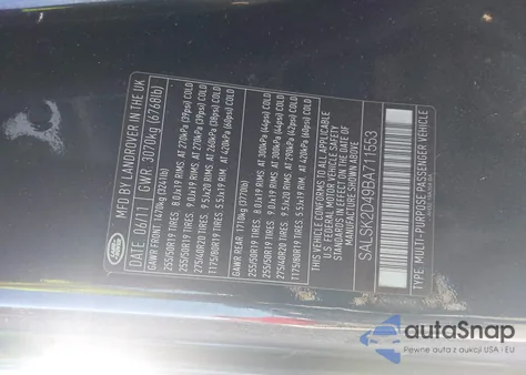 2011 Land Rover Range Rover Sport Hse из США, поврежденный, VIN SALSK2D49BA711553